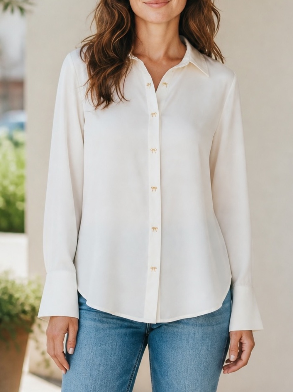 Rachel Zoe White Button-Up Blouse with Gold Bow Buttons Size XL
